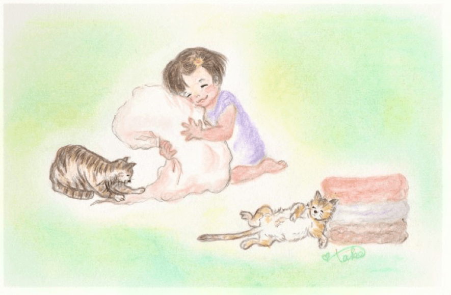 リネン毛布を抱える女の子と猫のイラスト